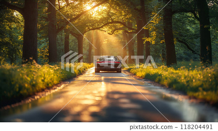 A car navigates a winding forest road under sunlight filtering through green trees. Generative AI A car navigates a winding forest road under sunlight filtering through green trees. Generative AI 118204491
