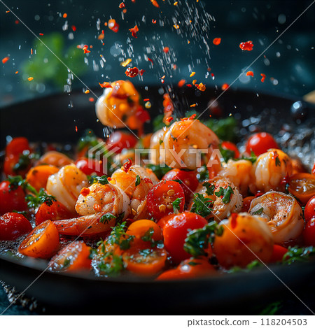 Shrimp, Tomato, and Basil Dish Falling Into Bowl. Generative AI 118204503