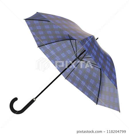 Open blue umbrella with checkered plaid pattern, isolated on white background 118204799