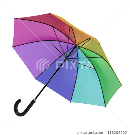 Open multicolor umbrella with black handle, isolated on white background Open multicolor umbrella with black handle, isolated on white background 118204802