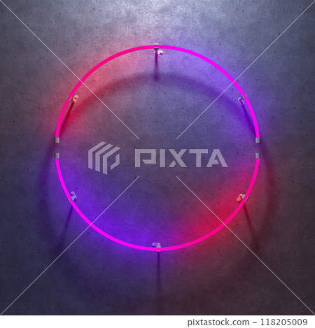 Round glowing neon frame on dark wall. Multicolored gradient glow. 3d illustration. 118205009