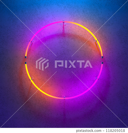 Neon glowing yellow purple circle on a dark blue gradient background. 3d illustration. 118205018