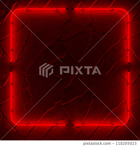 Bright glowing neon rectangular sign on dark wall background. 3d illustration. 118205023