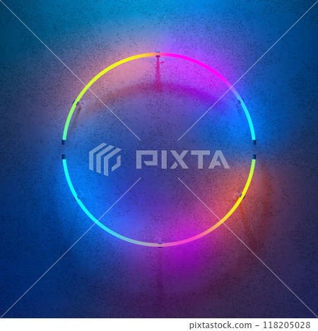 Bright multicolored glowing neon round sign on dark wall background. 3d illustration. 118205028