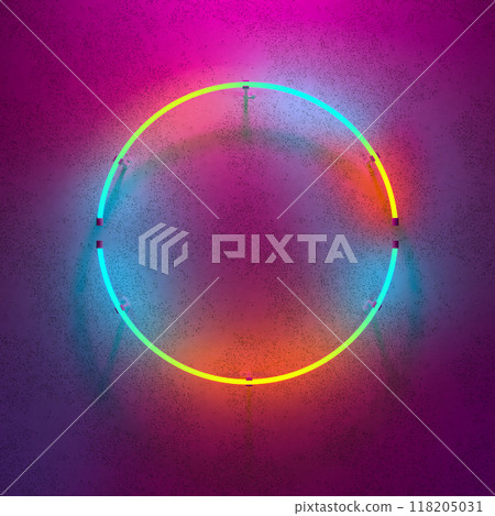 Bright multicolored glowing neon round sign on dark wall background. 3d illustration. Bright multicolored glowing neon round sign on dark wall background. 3d illustration. 118205031