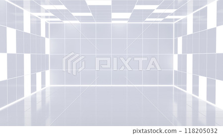 Modern minimalist white room with reflective floor and bright lighting. 3D render. Modern minimalist white room with reflective floor and bright lighting. 3D render. 118205032