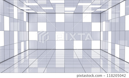 3D illustration of futuristic white room with reflective surfaces and geometric patterns. Rectangular room with walls, ceiling, and floor made of square white, reflective and luminous panels. 3D illustration of futuristic white room with reflective surfaces and geometric patterns. Rectangular room with walls, ceiling, and floor made of square white, reflective and luminous panels. 118205042