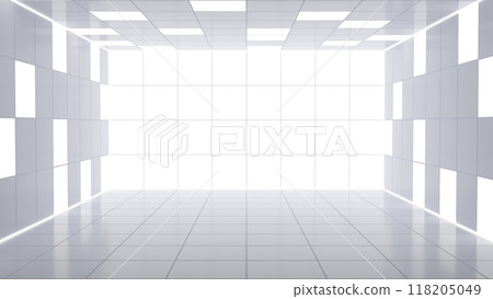 Minimalist white room with bright lighting and a reflective floor. 3d illustration 118205049