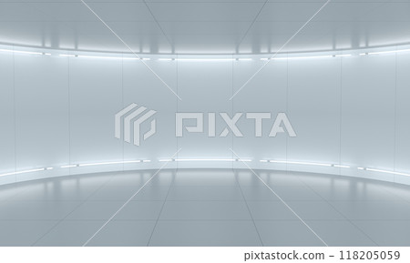 Minimalistic abstract white background stage. Neon light from lamps on walls of circular room. 3d illustration 118205059