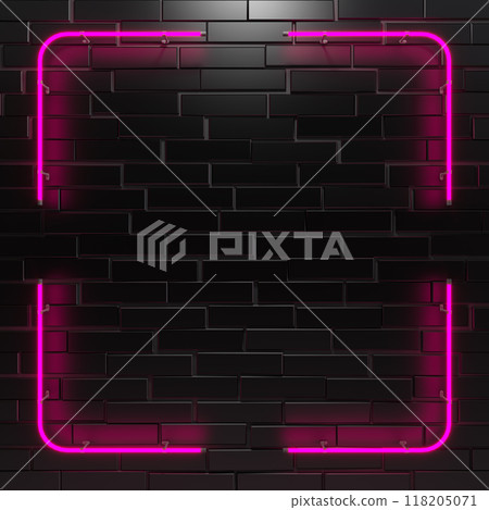 Realistic neon sign of frame with square colorful shape for template and copy space layout on the wall background. 3d render. 118205071