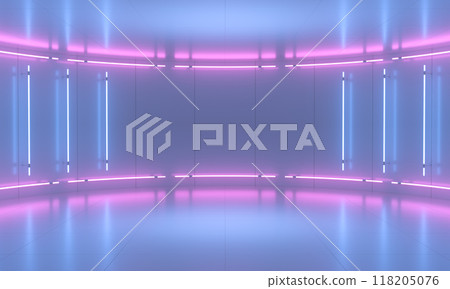 Abstract purple background stage. Neon light from lamps on walls of circular room. 3d illustration 118205076