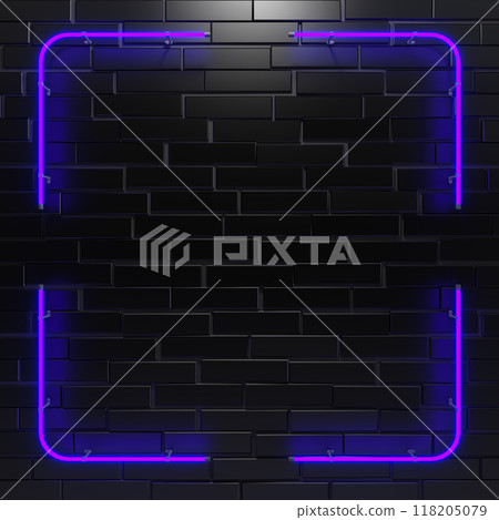 Neon light frame on dark wall. 3d illustration. Neon light frame on dark wall. 3d illustration. 118205079