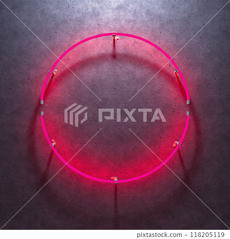Round pink neon sign on a dark concrete background. 3d illustration. Round pink neon sign on a dark concrete background. 3d illustration. 118205119