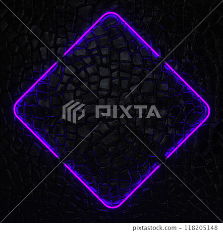 Bright neon frame for banner or sign on a dark wall. Purple light. 3d illustration. Bright neon frame for banner or sign on a dark wall. Purple light. 3d illustration. 118205148