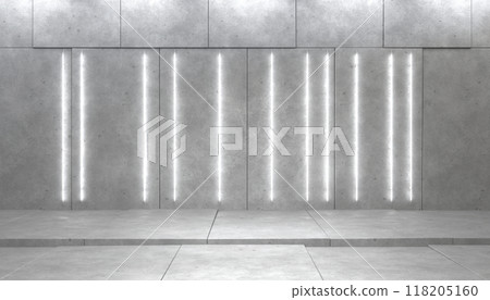 Grayscale old concrete wall, horizontal neon lamps, background interior stage with copy space, 3d illustration 118205160