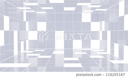 Futuristic, minimalist white empty room with geometric shapes and lines, spacious, bright, and modern, clean lines and monochromatic color. Light coming from multiple directions, soft shadows and 118205167