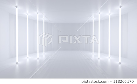 Minimalistic abstract white background stage. Neon light from lamps on walls of circular room. 3d illustration. 118205170