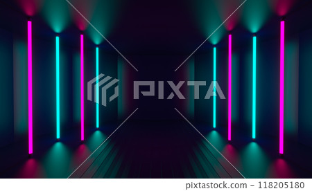 Colorful background scene. Bright light from vertical lamps. 3d illustration 118205180