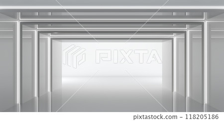 Conceptual 3D rendered corridor in white, creating depth through frame repetition. Conceptual 3D rendered corridor in white, creating depth through frame repetition. 118205186