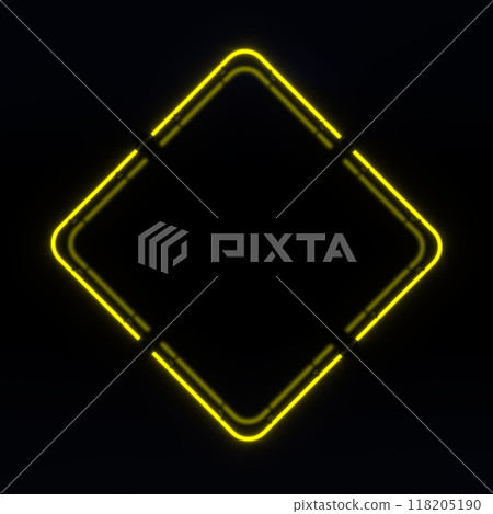Bright glowing neon rectangular sign on dark wall background. 3d illustration. 118205190