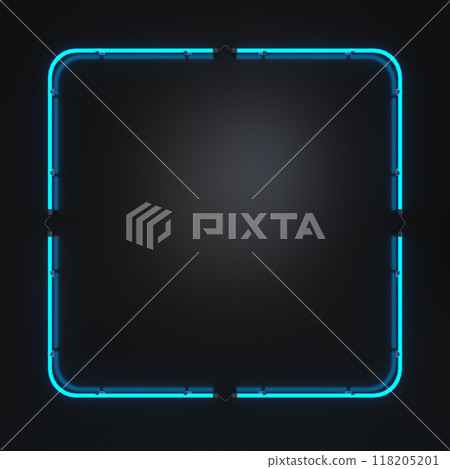 Neon rectangle frame sign. Geometric glowing lines. Abstract background with space for your text. 3d illustration. Neon rectangle frame sign. Geometric glowing lines. Abstract background with space for your text. 3d illustration. 118205201
