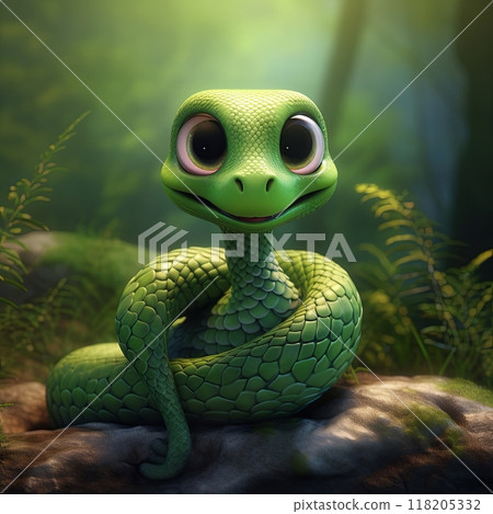 Elegant green snake with stunning eyes on mossy rock in vibrant jungle. Elegant green snake with stunning eyes on mossy rock in vibrant jungle. 118205332