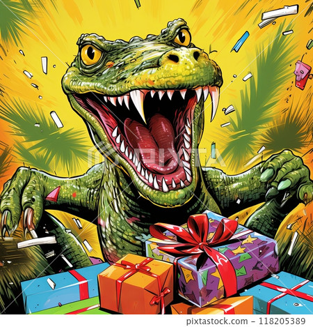 A crocodile, in the style of comic book art, unwrapping a gift at a birthday celebration, energetic. 118205389