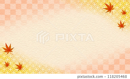 Autumn leaves Japanese background Checkered pattern and Shippo 16:9 118205468