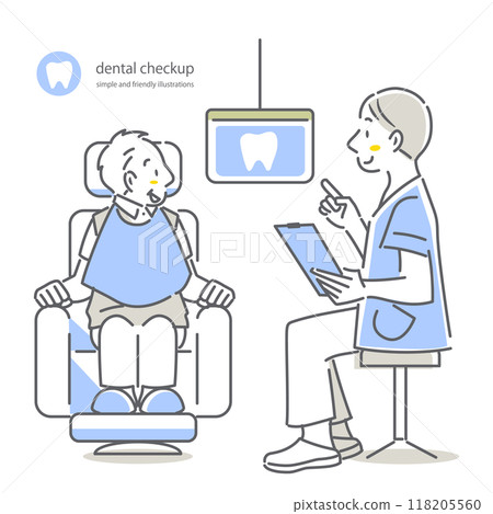 Senior male patient receiving explanation from dentist Simple and stylish line drawing illustration 118205560