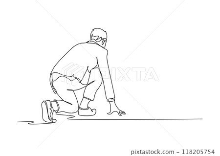 Continuous one line drawing back view of businessman or office worker get ready to sprint run on running track. Business race competition and challenge. Single line design vector graphic illustration Continuous one line drawing back view of businessman or office worker get ready to sprint run on running track. Business race competition and challenge. Single line design vector graphic illustration 118205754