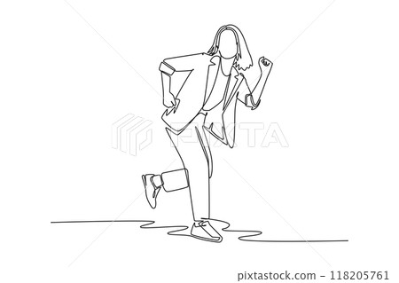Single continuous line drawing young female manager running fast to go to the office. On time professional businesswoman. Business competition concept. One line draw graphic design vector illustration Single continuous line drawing young female manager running fast to go to the office. On time professional businesswoman. Business competition concept. One line draw graphic design vector illustration 118205761