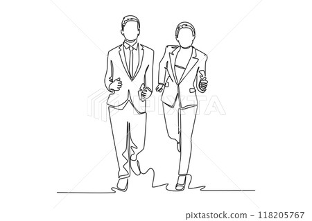 Single continuous line drawing of young female workers try to beat her male office worker friend at running championship. Business running competition. One line draw graphic design vector illustration 118205767