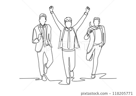 Single one line drawing of male worker rise his hand fist to the air when crossing finish line winning running competition beating competitor. Continuous line draw design graphic vector illustration Single one line drawing of male worker rise his hand fist to the air when crossing finish line winning running competition beating competitor. Continuous line draw design graphic vector illustration 118205771