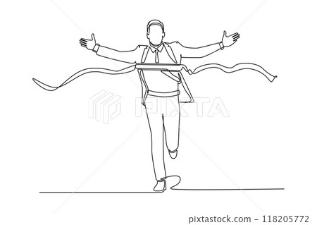 Single one line drawing of young happy businessman running and lifting his hands to the air after crossing finish line. Business race concept. Continuous line draw design graphic vector illustration 118205772