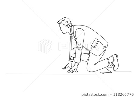 Single one line drawing side view of urban office worker get ready to sprint run on running track. Business race challenge competition concept. Continuous line draw design graphic vector illustration 118205776