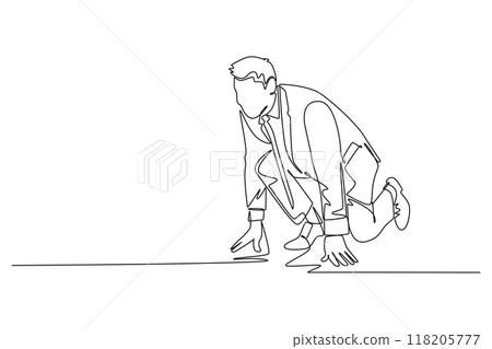 Continuous one line drawing of office employee or businessman get ready to sprint run on running track. Business race challenge competition concept. Single line draw design vector graphic illustration 118205777