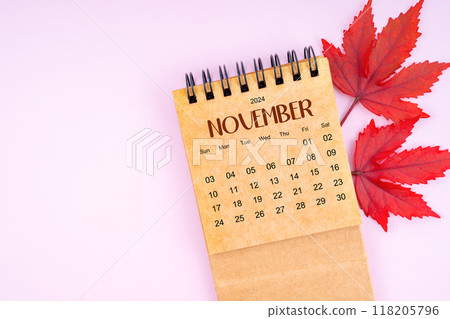 November 2024 monthly calendar and fall leaves on pink color background. November 2024 monthly calendar and fall leaves on pink color background. 118205796