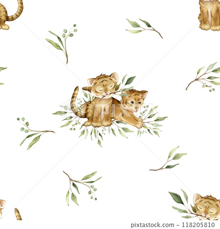 Seamless pattern with cute kawaii two tigers jumping and sitting with green branch eucalyptus. Watercolor hand drawn illustration african animal isolated. Cartoon kids print. Seamless pattern with cute kawaii two tigers jumping and sitting with green branch eucalyptus. Watercolor hand drawn illustration african animal isolated. Cartoon kids print. 118205810