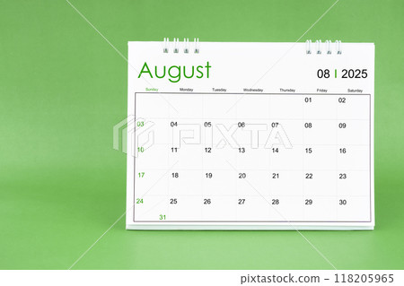 August 2025 desk calendar isolated in green background. August 2025 desk calendar isolated in green background. 118205965