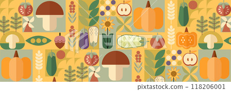 Bauhaus vegetable abstract geometric pattern. Mosaic scandinavian background. Agriculture and farming background, geometric vector print. Autumn vegetable harvest retro background. 118206001