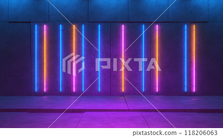 Dark room with colorful neon line lights on concrete wall. Empty stage concept background with copy space. 3d illustration 118206063