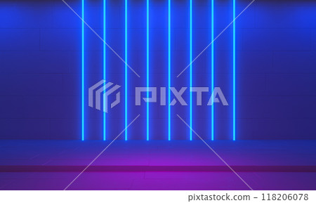 Colorful background stage with vertical luminous neon lights and podium, 3d illustration 118206078
