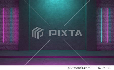 Background of empty dark podium with green and purple lights. 3d illustration 118206079