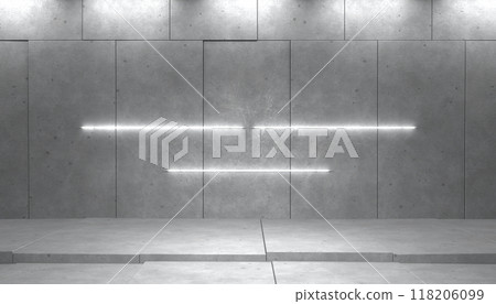 Background blank stage with concrete wall and floor, horizontal neon line lights, and copy space. 3d illustration Background blank stage with concrete wall and floor, horizontal neon line lights, and copy space. 3d illustration 118206099
