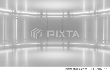 White abstract background stage. Neon light from lamps on walls of circular room. 3d illustration White abstract background stage. Neon light from lamps on walls of circular room. 3d illustration 118206153