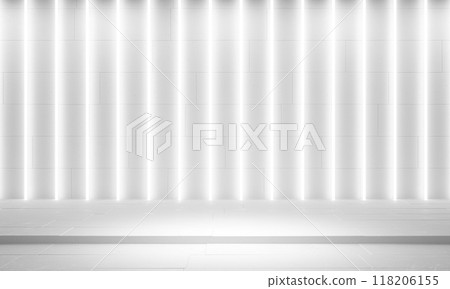 White minimalistic abstract background. Neon light from lamps on stage walls. 3d illustration. 118206155