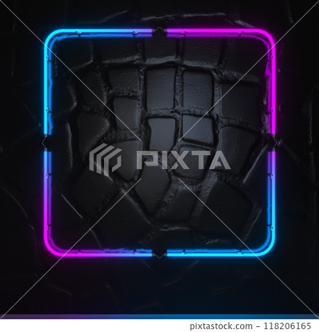 Bright multicolored glowing neon rectangular sign on dark wall background. 3d illustration. Bright multicolored glowing neon rectangular sign on dark wall background. 3d illustration. 118206165