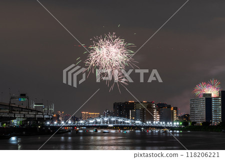 Tokyo: Sumida River Fireworks Festival, overlooking Shirahige Bridge 118206221
