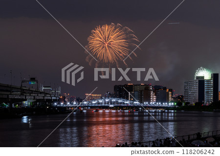 Tokyo: Sumida River Fireworks Festival, overlooking Shirahige Bridge 118206242