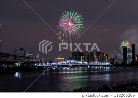 Tokyo: Sumida River Fireworks Festival, overlooking Shirahige Bridge Tokyo: Sumida River Fireworks Festival, overlooking Shirahige Bridge 118206269